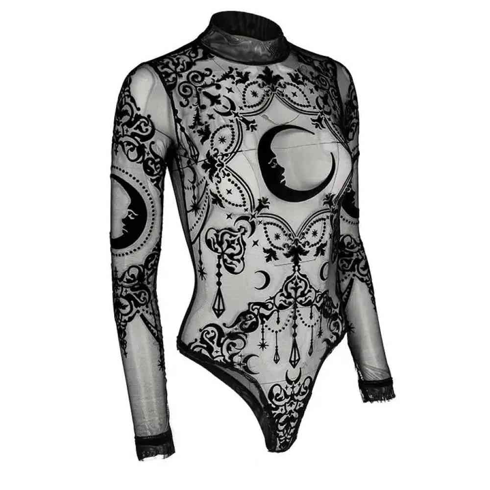 Restyle - Gothic Crescent Mesh Bodysuit - Zwart